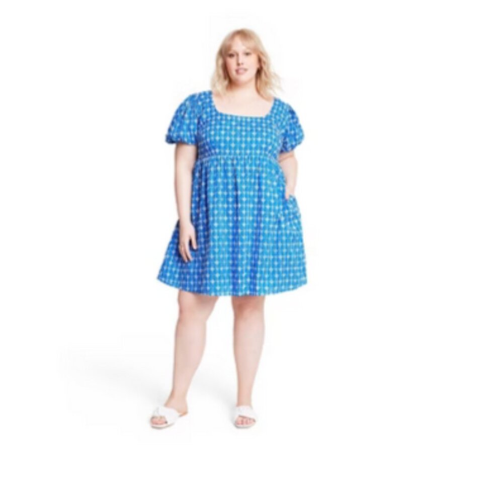 RHODE x Target Embroidered Eyelet Mini Dress Blue and White with Pockets